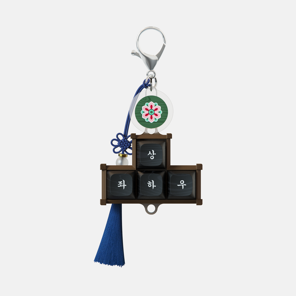 Ink black arrow keys keycap keychain with a blue tassel